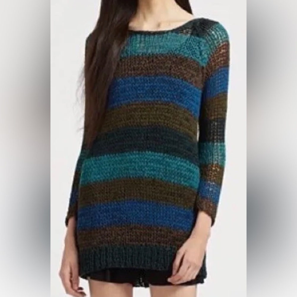 Theory striped tunic sweater L blue and olive